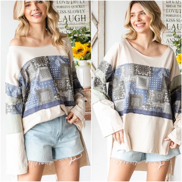 Oli & Hali Paisley Print patchwork High Low Long Sleeve Top - Picture 2 of 3